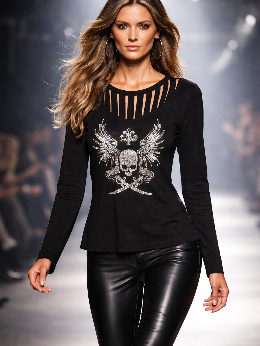 MISSLOOK Black Long-Sleeve Tee with Rhinestone Skull & Wing Graphic